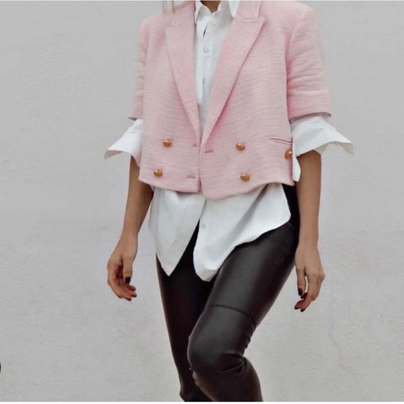 ZARA Buttoned Textured Weave Blazer Pink - Picture 8 of 11